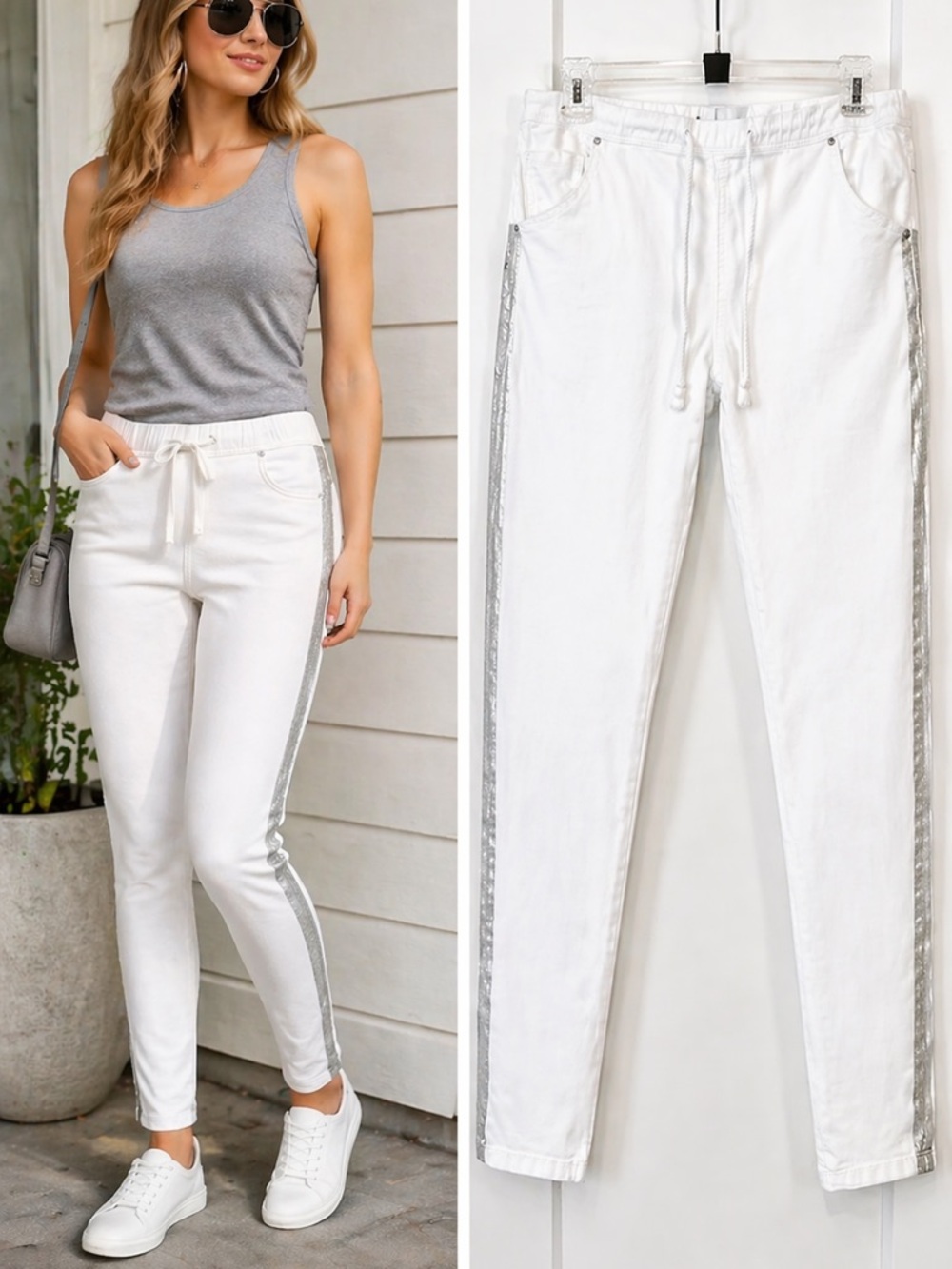 White Pull-On Skinny Jeans Silver Stripe High Rise Stretch Denim  BIANCO L